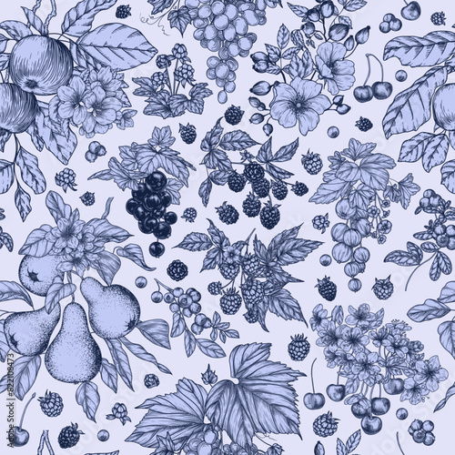 Seamless vector pattern of fruits and berries. Cherries, grape, apples, rose hips, raspberries, blackberries, cloudberries, lingonberries, blueberries, pear, currant