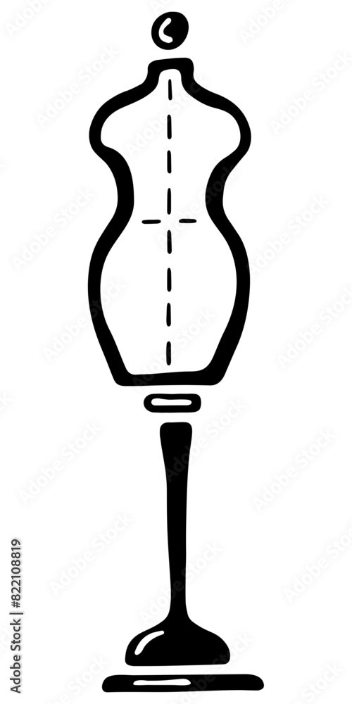 Obraz premium Female Sewing Mannequin. Black and white Icon. Hand drawn vector illustration on white background.