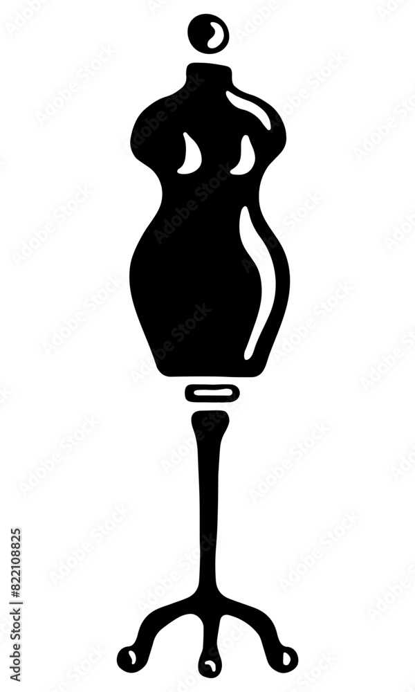 Female Sewing Mannequin. Black and white Icon of dress form. Hand drawn ...
