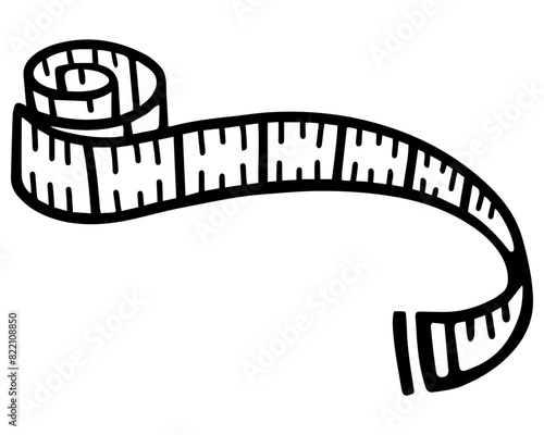 Tailor Measuring Tape. Black and white Icon. Hand drawn vector illustration.