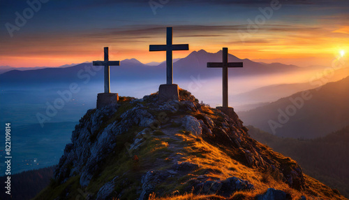 Three crosses atop mountain at sunrise, symbolizing hope, faith, and redemption in soft, glowing light