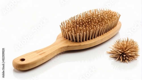 A wooden brush with a long handle and a wooden flower-shaped soap saver.  