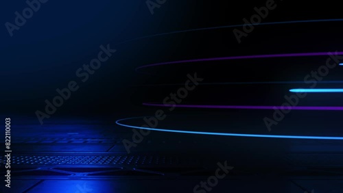 Light and circle stripes moving over dark scifi tech background and reflected in tech surface. 3d animation photo