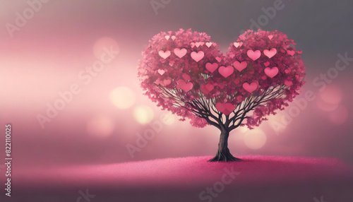 heart-shaped tree against a blurred pink background symbolizes love and romance, perfect for Valentine's Day themes. The soft pink tones enhance the romantic and dreamy atmosphere © Your Hand Please