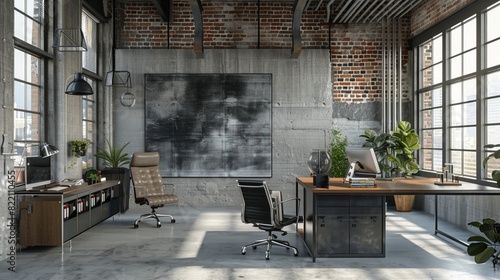 Modern loft office with high ceiling, gray brick wall, designer leather chairs in steel stack. Mock up photo of interior, generated