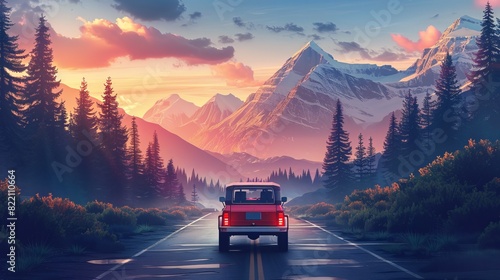 View of a summer road trip scene, mountain journey. Tourism with car for mobility lifestyle.