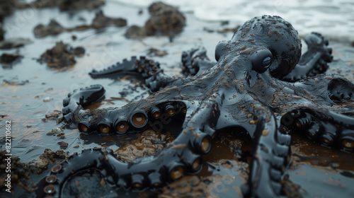 A large octopus, all covered with oil, lies on the seashore. The consequences of a dangerous oil spill in the ocean for the flora and fauna