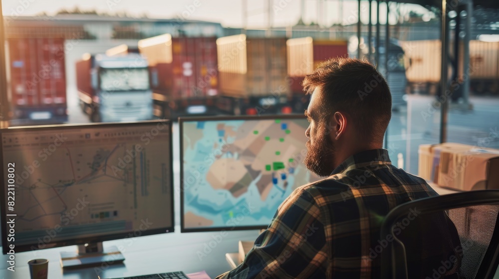 Logistics Manager Monitoring Shipping Containers on Multiple Monitors in Modern Control Room Logistics Manager Monitoring Shipping Containers on Multiple Monitors in Modern Control Room