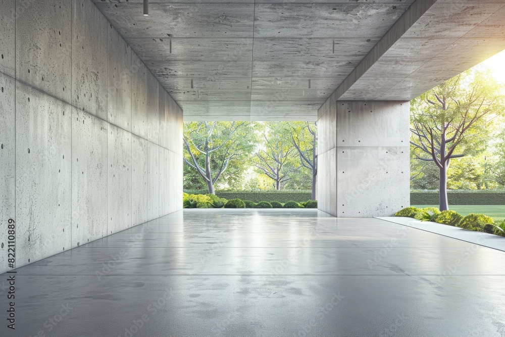 concrete hallway with a park background. For product display concrete hallway with a park background. For product display