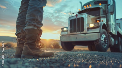Truck Driver Standing on Gravel Road at Sunset with Semi-Truck in Background