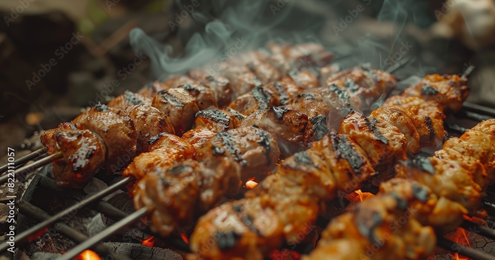 Close-up of Sizzling Meat Skewers on Grill, Showcasing Juicy Textures and Grilling Technique Close-up of Sizzling Meat Skewers on Grill, Showcasing Juicy Textures and Grilling Technique
