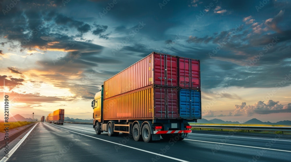 Colorful Container Trucks on Highway at Sunset with Dramatic Sky in Background Colorful Container Trucks on Highway at Sunset with Dramatic Sky in Background