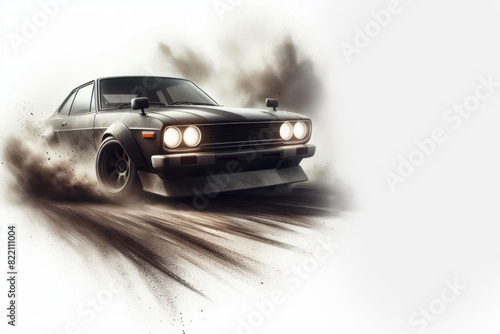 Drifting Car with Blurred Dusty Background Isolated on white background