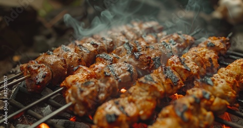 Close-up of Sizzling Meat Skewers on Grill, Showcasing Juicy Textures and Grilling Technique