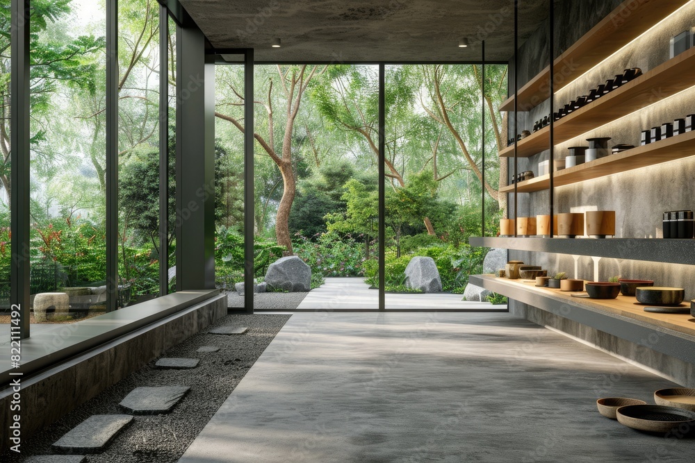 concrete hallway with a park background. For product display concrete hallway with a park background. For product display