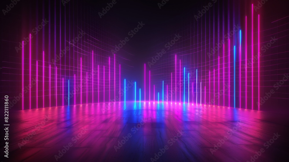 Futuristic Room with Neon Music Equalizer Bars in Pink and Blue Reflecting on the Floor
Futuristic Room with Neon Music Equalizer Bars in Pink and Blue Reflecting on the Floor