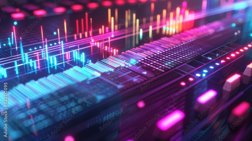 Neon Music Equalizer with Glowing Pink and Blue Bars in a Dark, Reflective Studio Environment

