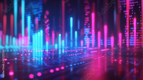 Futuristic Neon Music Equalizer with Pink and Blue Bars in a Dark, Reflective Space