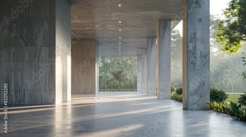 concrete hallway with a park background. For product display
