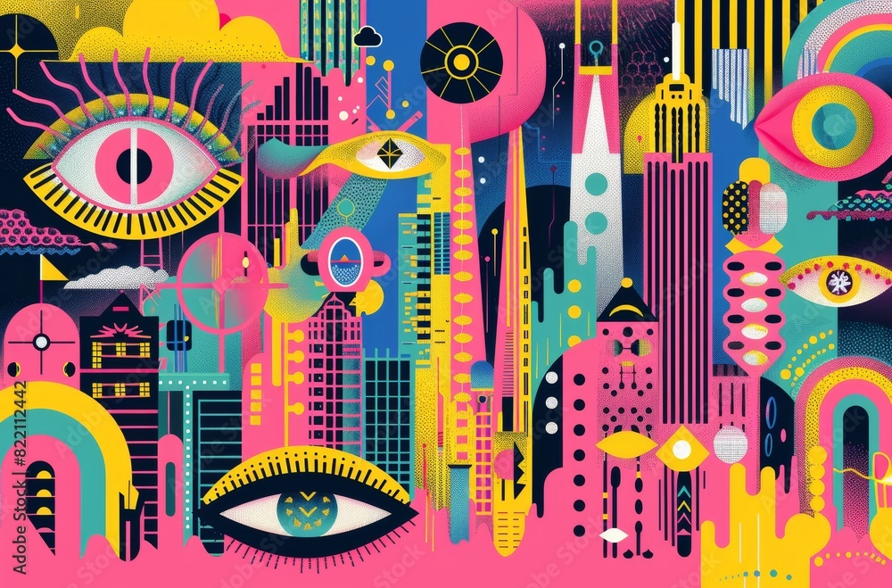 Obraz premium Vibrant Abstract Cityscape with Eyes and Geometric Shapes in Pop Art Style