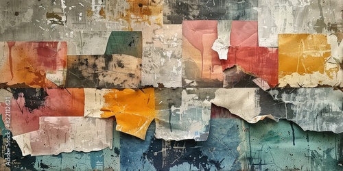 Colorful torn paper collage background with vintage textures and layered patterns  © Nice Seven