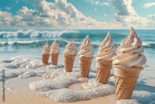 a group of ice cones at the beach in a sunny summer day, sea and sand background photo