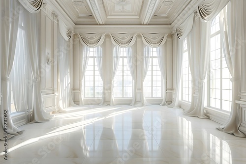 White mansion ballroom backdrop interior of a room with windows, luxury decor elegant mansion, for wedding photography.