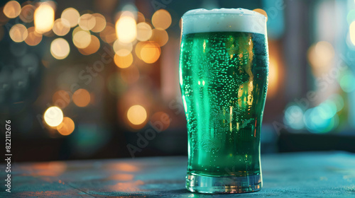 Glass of green beer on grey table against blurred ligh photo
