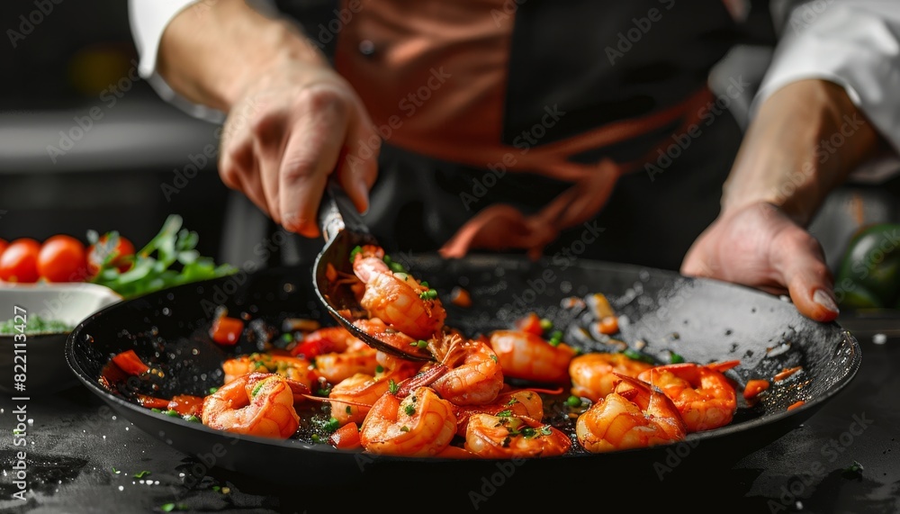 Seafood, frying shrimp, a chef on a black background.