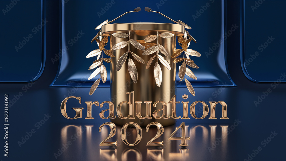 Graduation 3d Gold 3D golden graduation podium on blue background, confetti, ceremony ...