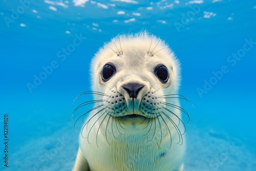 Underwater photo of a cute baby seal smiling at the camera against a blue water background. Close-up portrait.