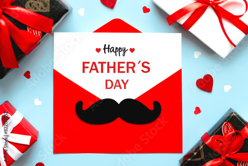 Happy Father's Day. Top view of red envelope with mustache and letter with the text Happy Father's Day, hearts and gift boxes. Father's day concept