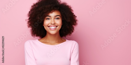 Pink background Happy black independant powerful Woman realistic person portrait of young beautiful Smiling girl Isolated on Background ethnic diversity 