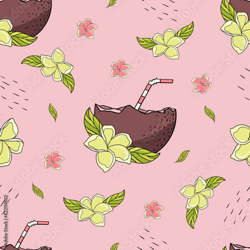 Pattern with cocktails in coconuts and plumeria on a pink background. 