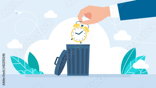 Man throws out alarm clock in trash can. The concept of organization, productivity, management. Trash bin with clock, icon, recycle time, hour cleaning, waste. Flat style. Vector illustration