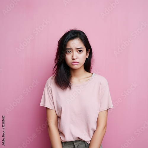 Pink background sad Asian Woman Portrait of young beautiful bad mood expression Woman Isolated on Background depression anxiety fear burn out health issue problem mental 