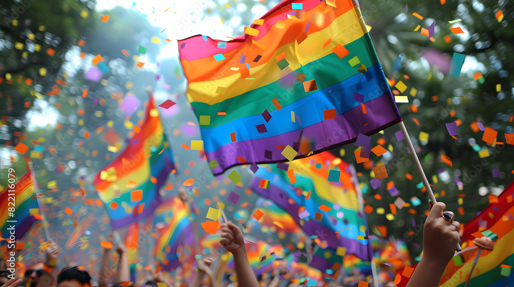 Obraz premium Celebrate Pride Month with confetti showers, and colorful rainbow flags. Join the joyful crowd in a festival of love, acceptance, and unity at various events and rallies. Diversity of LGBTQ community.
