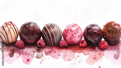 A row of six colorful chocolate truffles with raspberry decorations on a watercolor background. Perfect for dessert and confectionery themes.