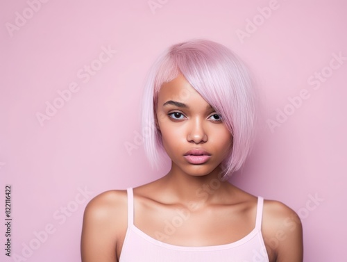 Pink background sad black independent powerful Woman. Portrait of young beautiful bad mood expression girl Isolated on Background racism skin color depression anxiety fear burn out 
