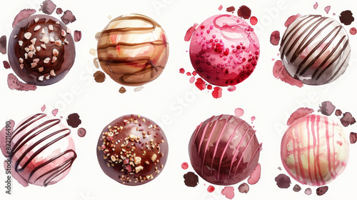 Assorted gourmet chocolate truffles in various flavors and toppings, beautifully arranged on a white background.