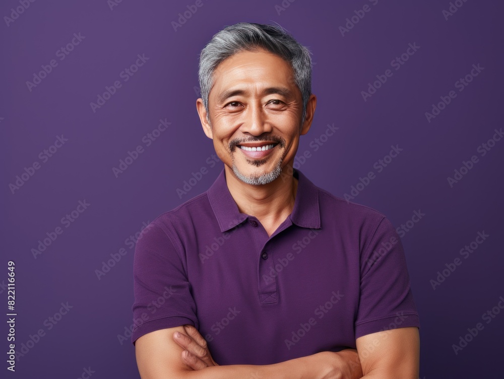 Purple Background Happy asian man. Portrait of older mid aged person beautiful Smiling boy good mood Isolated on Background ethnic diversity equality acceptance concept 