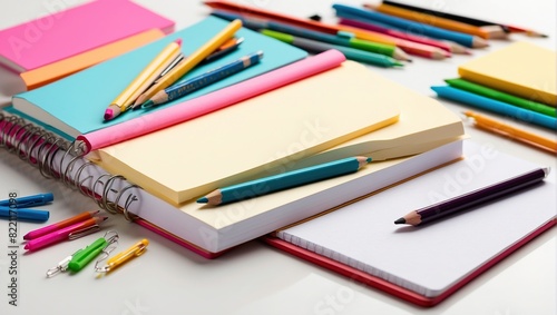 The image contains a stack of six books and a composition notebook. There are also pencils, a pencil case, scissors, a glue stick, a staple remover, and a pair of glasses on top of the books.

