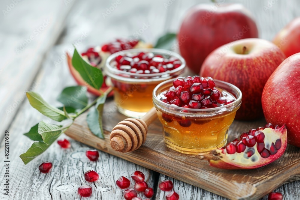 A bowl of honey and pomegranates sits on a wooden table A bowl of honey and pomegranates sits on a wooden table
