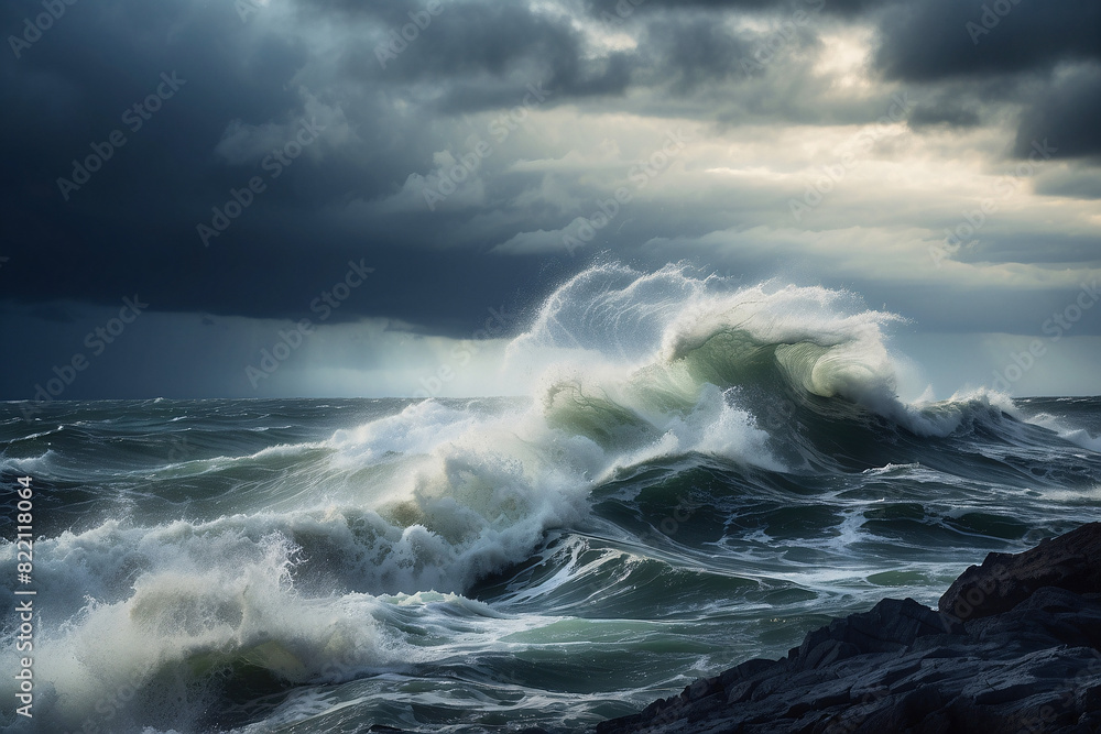 Fototapeta premium A dramatic scene as towering waves break powerfully against a rocky coastline under a foreboding cloudy sky