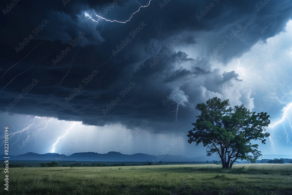 A powerful thunderstorm with multiple lightning bolts striking near a lone tree in an expansive grassland setting A powerful thunderstorm with multiple lightning bolts striking near a lone tree in an expansive grassland setting