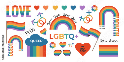 Set of LGBTQ clipart with rainbow flag elements, gender signs, pride month symbols, slogan and phrases. Gay parade celebration. Vector illustration