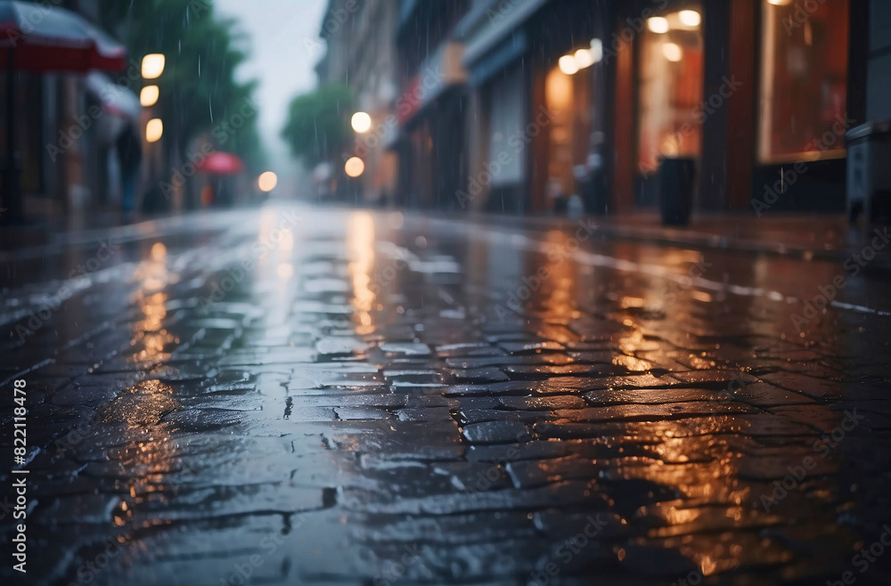A close-up of a wet cobblestone street reflecting the surrounding street lights and ambient light from nearby buildings A close-up of a wet cobblestone street reflecting the surrounding street lights and ambient light from nearby buildings