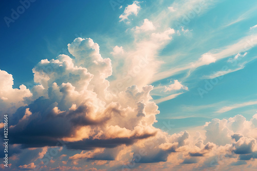 Picture of robust cumulus clouds set against a serene blue sky with soft sunlight filtering through photo