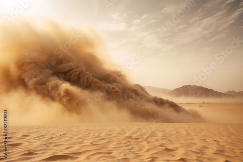 Vast sandstorm looming over desert dunes under a hazy sky, portraying an overpowering natural event photo