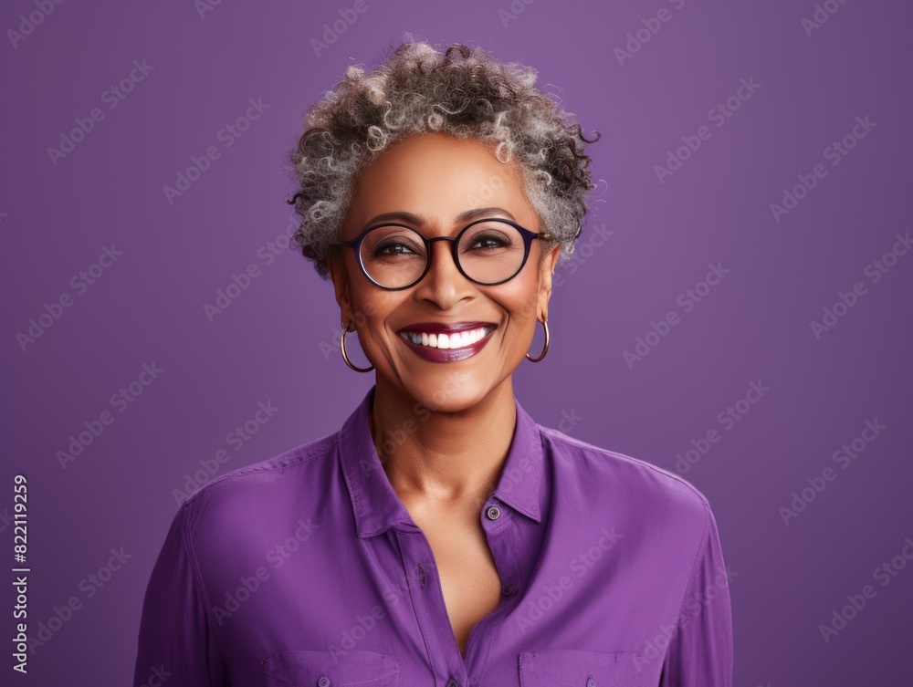 Purple Background Happy black american independant powerful Woman realistic person portrait of older mid aged person beautiful Smiling girl Isolated on Background ethnic 